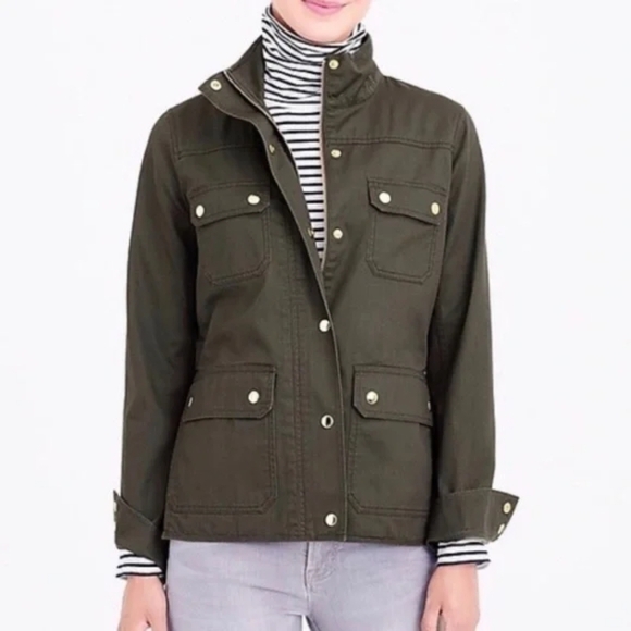 J Crew Downtown Field Jacket Resin Coated Twill Olive Green Zip-Up Coat Size XS - Picture 2 of 8